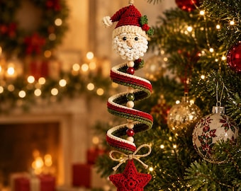 Wzór na szydełkowego Świętego Mikołaja wirującego w formacie PDF dla średnio zaawansowanych, świąteczna ozdoba amigurumi, samouczek szydełkowania Świętego Mikołaja Twister, wisząca dekoracja świąteczna