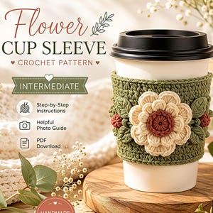 Flower Cup Sleeve Crochet Pattern, Cute Coffee Cozy, Intermediate Friendly Gift, Reusable Crochet Pattern PDF, Quick Easy Project, Gift Idea