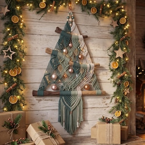 May include: A macrame wall hanging shaped like a Christmas tree, featuring dark green, sage, and cream cotton cords knotted around horizontal wooden branches, accented with small metallic ornaments and beads, suspended against a light wood wall.