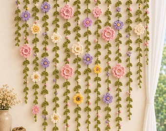 Patrón PDF para cortina de flores de ganchillo, diseño bohemio de enredaderas para colgar en la pared, flores tridimensionales, decoración para fondo de boda, decoración para habitación infantil.