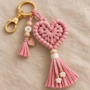 Macrame Heart Keychain PDF Pattern, DIY Macramé Flower Keychain Pattern, Gift For Her, For Intermediates, Digital Download PDF, Wooden Bead