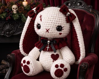 Söta gotiska virkmönster i PDF-format, gotiskt kanin-amigurumimönster för Halloween- och juldekorationer, för handgjorda presenter, mellannivå.