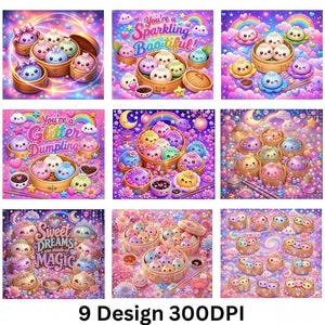 Pode incluir: Uma coleção de nove ilustrações digitais apresentando bao dumplings antropomórficos com rostos sorridentes em cestas de bambu, cercados por arco-íris, nuvens, estrelas e corações, com textos como You're a Sparkling Bao-tiful, You're a Glitter Dumpling e Sweet Dreams are made of MAGIC.