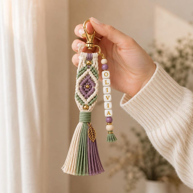 Puede incluir: Un llavero de macram&eacute; con un patr&oacute;n de diamantes en cord&oacute;n verde salvia y lavanda, acentuado con cuentas doradas y un dije de hoja. Una hebra separada incluye cuentas de letras blancas que deletrean OLIVIA, separadas por cuentas de madera.