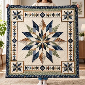 May include: A square quilt featuring a large central star pattern in shades of navy blue, brown, and sage green on a cream background. The border includes smaller star motifs at the corners and geometric triangular patterns along the edges.