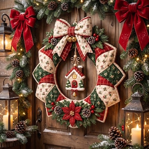 May include: A quilted Christmas wreath featuring red, green, and cream fabric segments with a central hanging house ornament, a large top bow, and a bottom poinsettia accent. The wreath is surrounded by evergreen branches, pinecones, and lanterns.