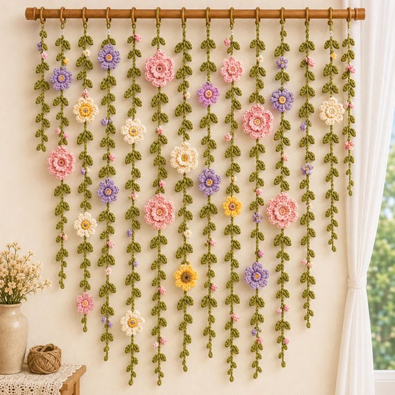 Crochet Flower Curtain Pattern PDF, Boho Wall Hanging Vine Design, Dimensional Flowers, Wedding Backdrop Decor, Nursery Room Decoration