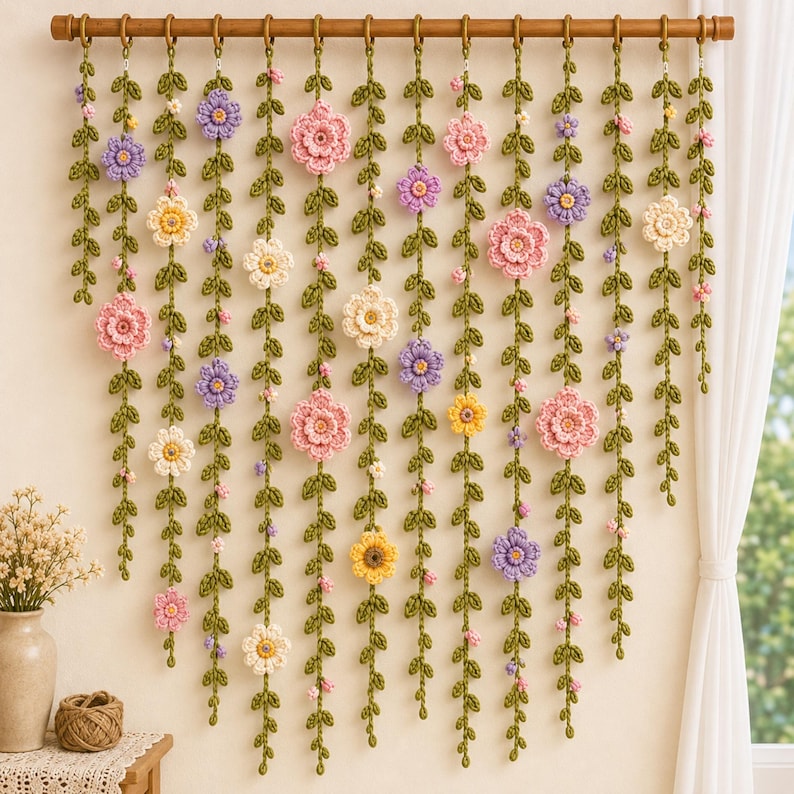 Crochet Flower Curtain Pattern, Boho Wall Hanging, Spring Daisy Vines (PDF Download)