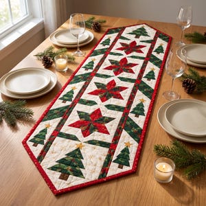May include: A quilted table runner featuring a repeating pattern of red poinsettia stars and green Christmas trees on a cream background. The runner has a red border with white dots and is decorated with small yellow stars atop each tree.