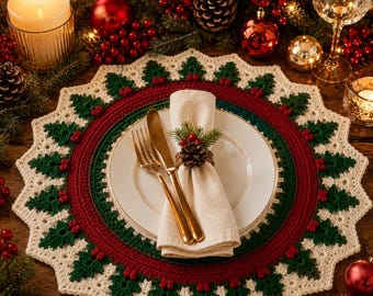 Patrón PDF de mantel individual navideño de ganchillo, árbol de Navidad y copo de nieve, tapete redondo para mesa, inglés, nivel intermedio. Descarga digital.