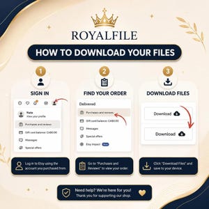 Puede incluir: Un gr&aacute;fico instructivo titulado ROYALFILE HOW TO DOWNLOAD YOUR FILES con un icono de corona dorada. Describe tres pasos: 1. SIGN IN para iniciar sesi&oacute;n, 2. FIND YOUR ORDER en compras y rese&ntilde;as, y 3. DOWNLOAD FILES para descargar los archivos.