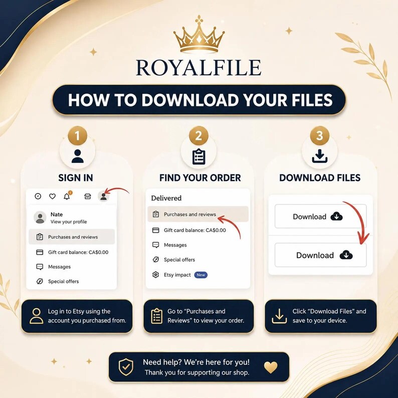 Puede incluir: Un gr&aacute;fico instructivo titulado ROYALFILE HOW TO DOWNLOAD YOUR FILES con un icono de corona dorada. Describe tres pasos: 1. SIGN IN para iniciar sesi&oacute;n, 2. FIND YOUR ORDER en compras y rese&ntilde;as, y 3. DOWNLOAD FILES para descargar los archivos.