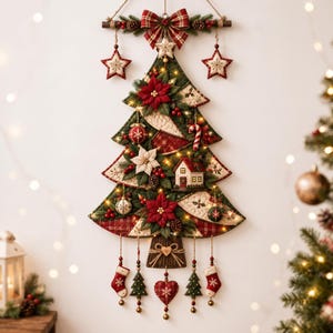 Puede incluir: Un tapiz acolchado con forma de árbol de Navidad, con parches de tela roja y verde, flores de pascua, adornos, una casita y dijes colgantes que incluyen calcetines, árboles y un corazón, rematado con un lazo de tela escocesa.