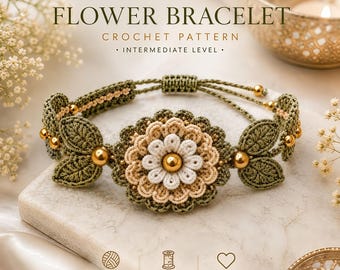 Patrón de pulsera de flores a crochet, tutorial de pulsera floral DIY, regalo, patrón de crochet intermedio, patrón intermedio, descarga instantánea en PDF