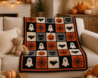 Halloween Ghost, Pumpkin, Cat, Spiderweb And Bat, Baby Blanket Crochet Pattern, Granny Square Blanket, Halloween Crochet Pattern PDF Files