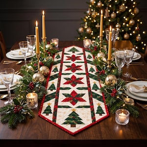 May include: A rectangular fabric table runner featuring a repeating pattern of red and green star shapes and green Christmas trees on a cream background. The runner is centered on a wooden table decorated with evergreen branches, candles, and glasses.