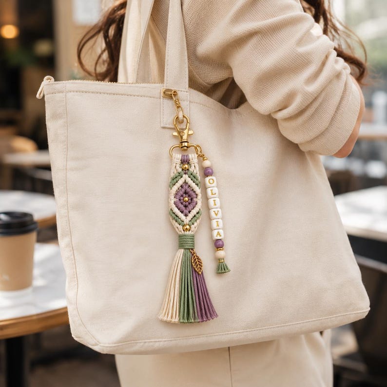 Puede incluir: Un bolso tote de lona color crema con un llavero de macram&eacute; sujeto por un mosquet&oacute;n dorado. El llavero presenta un patr&oacute;n de rombos en crema, verde salvia y morado, un dije de hoja dorada y una borla con hilos de colores a juego.