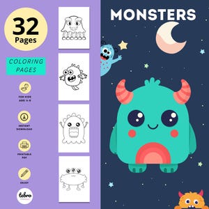 May include: A children's coloring book with the word "MONSTERS" in white text. The book features 32 pages of coloring pages with various monster illustrations. The cover has a teal monster with red horns and a smiling face. The book is for kids ages 4-8.