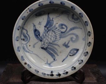 Chinese Porcelain Ming Dynasty Blue and White Phoenix Pattern Plate 6.88 Inch