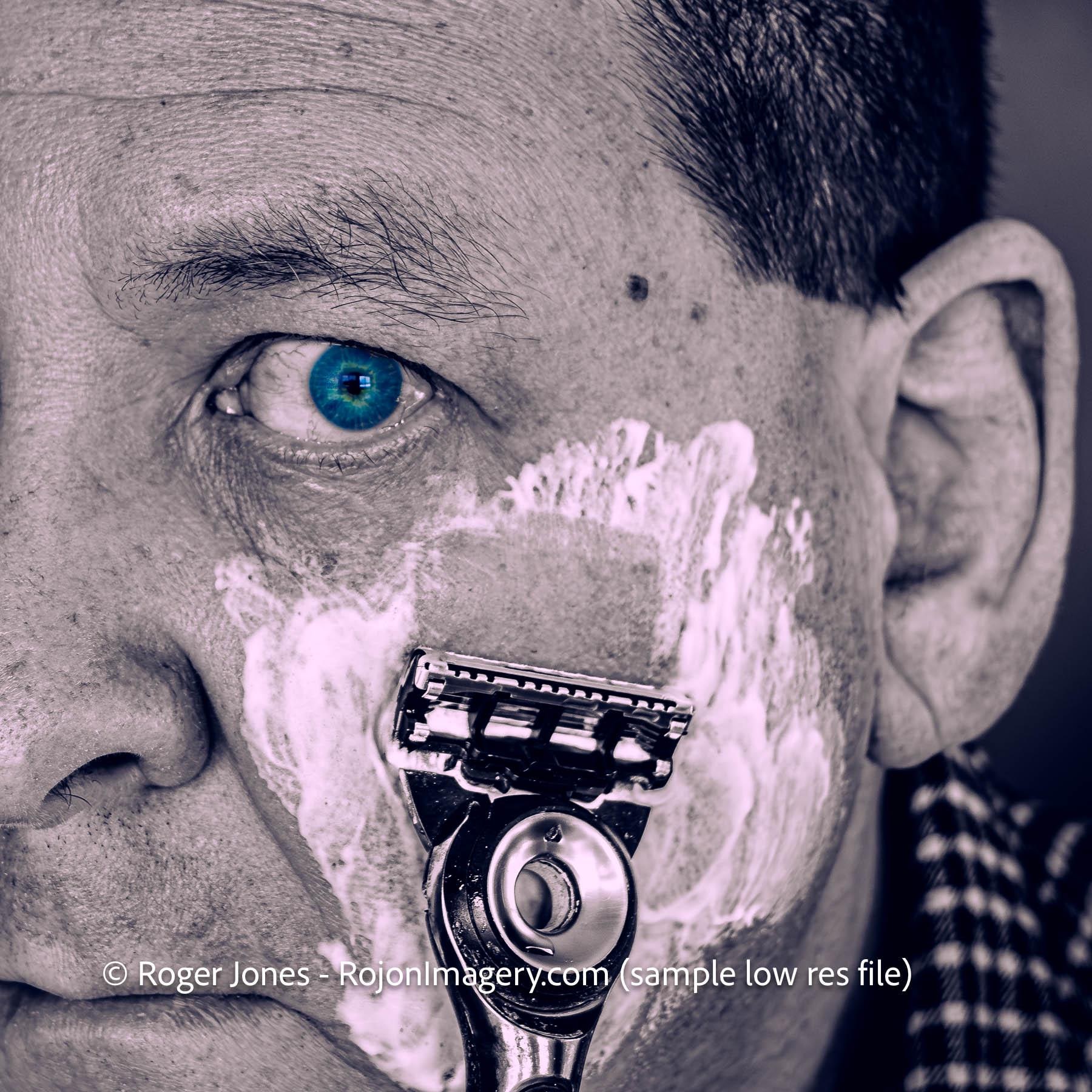 Close up Shaving Scene With Razor and Blue Eye Detail – Male Grooming ...