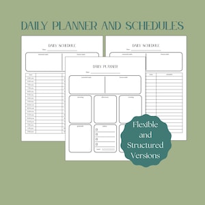 May include: Three white daily planner and schedule sheets with black text and lines. The top text reads DAILY PLANNER AND SCHEDULES. The sheets include sections for essential tasks, bonus tasks, time slots, morning, afternoon, evening, gratitude, habits, and water intake.