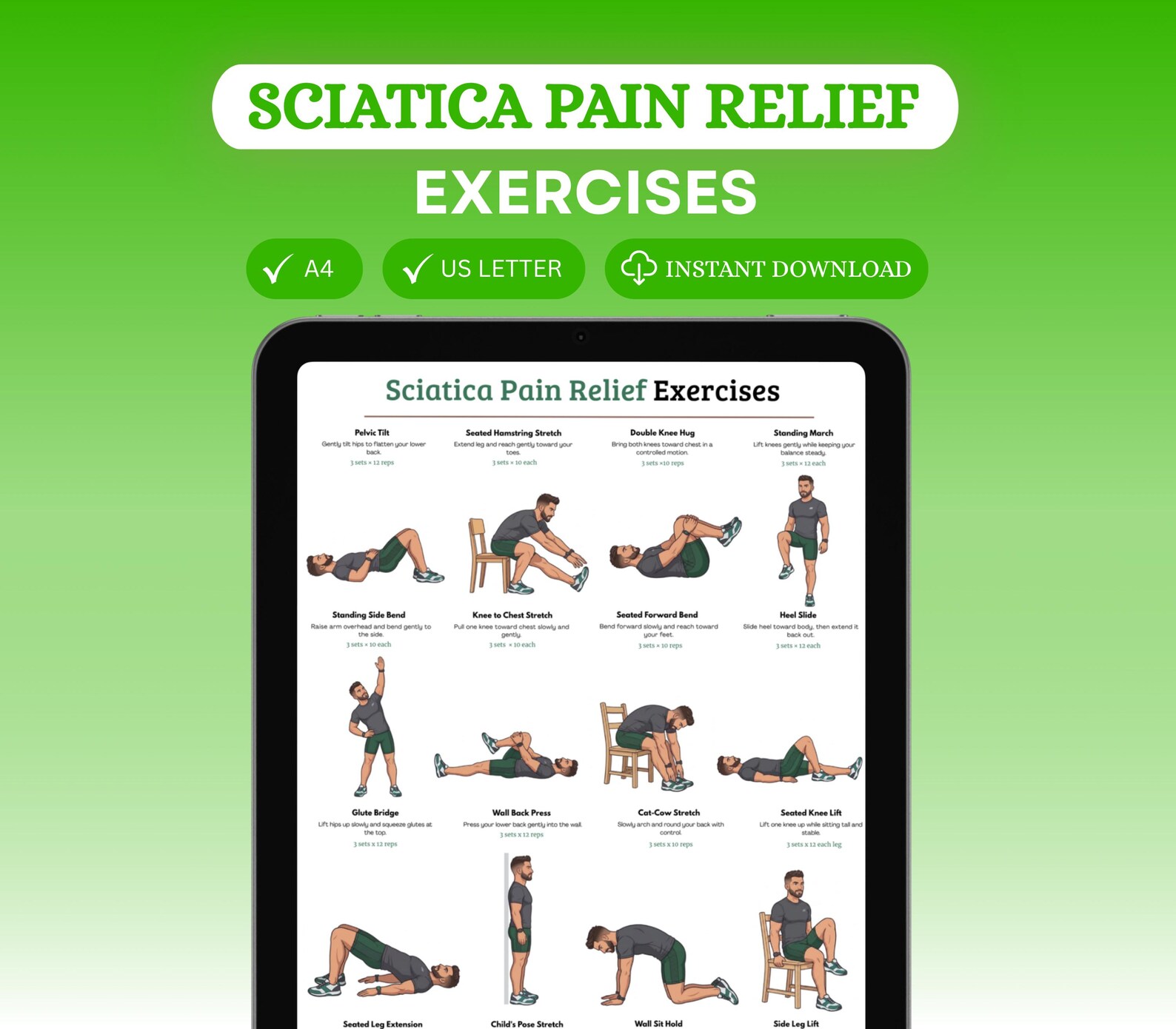 Sciatica Pain Relief Exercises Chart, Lower Back & Nerve Stretch ...