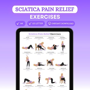 Op de afbeelding: Een digitale tablet toont een gids voor oefeningen ter verlichting van ischiaspijn. De oefeningen zijn geïllustreerd met diagrammen en bevatten tekstinstructies. De tablet staat tegen een paarse achtergrond met de woorden "Sciatica Pain Relief Exercises" bovenaan.