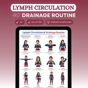 Puede incluir: Una tableta digital muestra una guía de "Rutina de circulación y drenaje linfático". La guía presenta ilustraciones de ejercicios con instrucciones. El banner superior dice "Rutina de circulación y drenaje linfático". La tableta está sobre un fondo burdeos.
