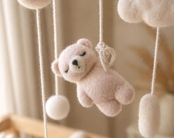 Handmade Felt Baby Mobile, Sleeping Bear, Clouds, Neutral Nursery Decor