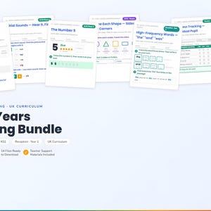 Può includere: Una raccolta di fogli di lavoro educativi stampabili per l'apprendimento della prima infanzia. Il pacchetto include pagine su fonetica, matematica e parole ad alta frequenza. Il titolo "Early Years Learning Bundle" è visualizzato in grassetto. L'immagine mostra anche un cerchio rosso con la scritta "+319 Pages".