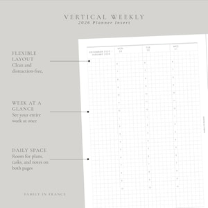 May include: A 2026 vertical weekly planner insert featuring a grid layout with hourly time slots from 6 to 10. The page displays days from Monday to Wednesday, labeled December 2025 to January 2026, with text highlighting flexible layout, week at a glance, and daily space.