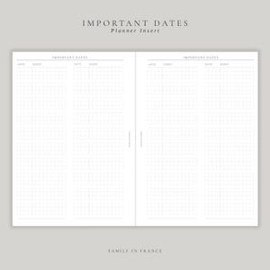 May include: A two-page planner insert titled IMPORTANT DATES Planner Insert. Each page features two columns with headers DATE and EVENT, containing a grid layout for recording information. The text FAMILY IN FRANCE appears at the bottom.