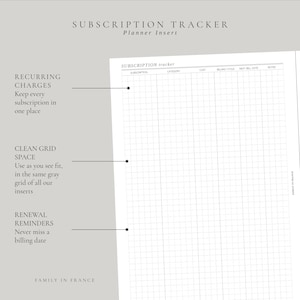 May include: A white subscription tracker planner insert featuring a grid layout with columns labelled Subscription, Category, Cost, Billing Cycle, Next Bill Date, and Notes. The page includes the text Subscription tracker and Family in France.