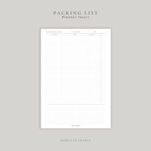 May include: A white paper planner insert titled PACKING LIST with fields for trip, destination, and dates. It features a table with columns for category, item, quantity, and checkboxes, plus a grid section at the bottom labeled FAMILY IN FRANCE.