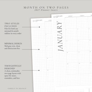 Könnte beinhalten: Ein 2027 Planer-Einleger mit einer Monatsübersicht auf zwei Seiten. Das weiße Papier hat ein Rastermuster mit grauem Text. Die Überschrift lautet MONTH ON TWO PAGES 2027 Planner Insert. Die Seiten zeigen den Monat Januar mit Wochentagen.