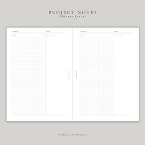 May include: A white planner insert with two pages labelled PROJECT NOTES and Planner Insert. Each page features a grid section for notes, a header for project and date, and a column for next to-do items. The text FAMILY IN FRANCE is at the bottom.