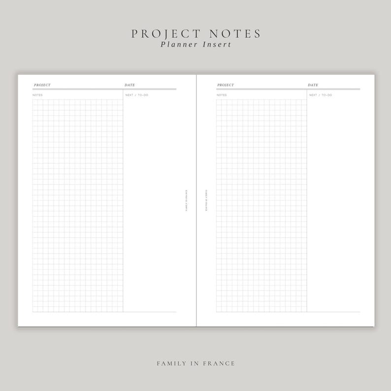 May include: A white planner insert with two pages labelled PROJECT NOTES and Planner Insert. Each page features a grid section for notes, a header for project and date, and a column for next to-do items. The text FAMILY IN FRANCE is at the bottom.