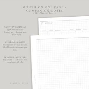 Puede incluir: Un inserto de planificador 2027 con diseño de mes en una página y notas complementarias. El texto dice MONTH ON ONE PAGE + COMPANION NOTES 2027 Planner Insert. Las páginas de cuadrícula incluyen un calendario mensual que comienza el lunes.