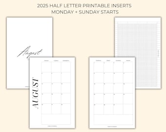 2025 Monthly Planner Printable – Half Letter MO2P | Month on Two Pages | Monday + Sunday Start | Discbound & Ring Planner Insert
