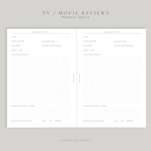 Puede incluir: Un inserto de planificador de dos páginas para reseñas de películas y televisión con un diseño blanco limpio y texto negro. Cada página incluye campos para título, fecha, año de estreno, plataforma, calificación, estado de ánimo, notas, citas favoritas y opción de volver a ver.