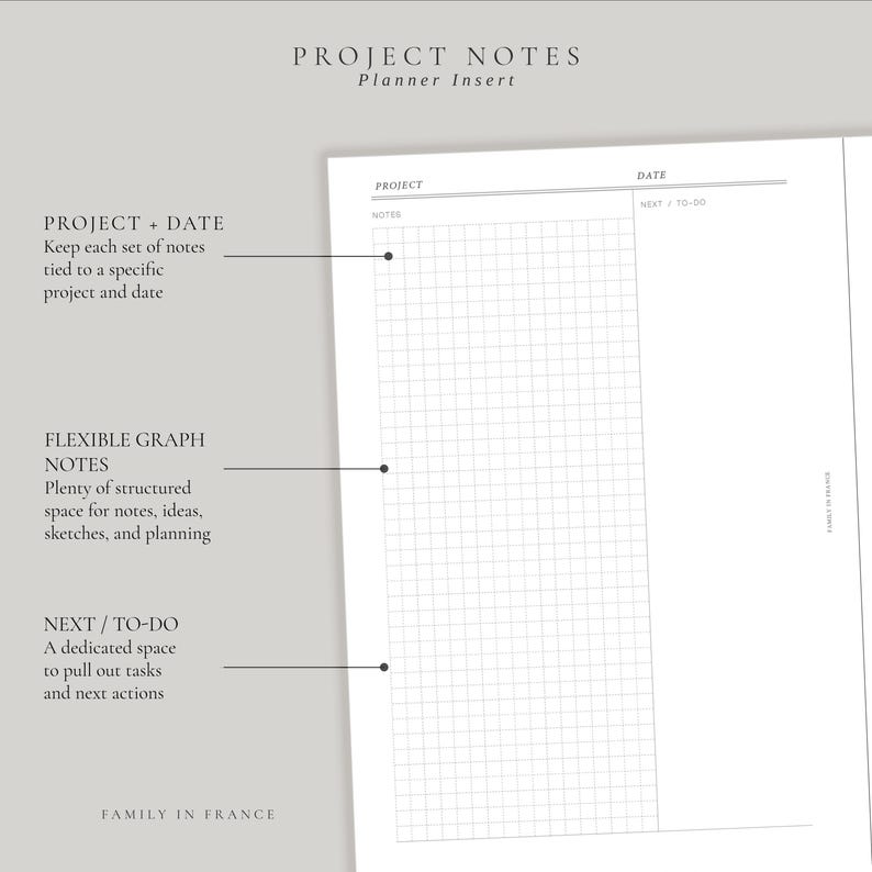 May include: A white planner insert page titled PROJECT NOTES with a header for PROJECT and DATE. The layout includes a large section labelled NOTES featuring a grid pattern and a vertical column on the right side labelled NEXT / TO-DO.