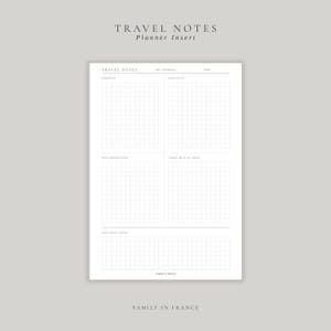 May include: A white travel notes planner insert page featuring a grid layout with sections labeled Travel Notes, Trip, Destination, Dates, Memories, Highlights, Recommendations, Things We'd Do Again, Additional Notes, and Family in France.