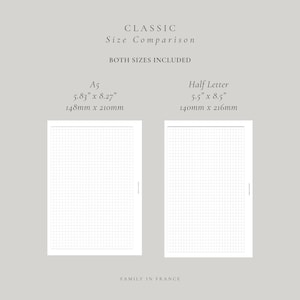 May include: A size comparison chart for two grid paper sheets. The A5 sheet measures 148mm by 210mm, and the Half Letter sheet measures 140mm by 216mm. Both sizes are included, with text labels and dimensions clearly displayed on the page.