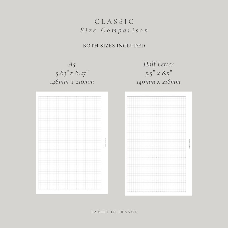 May include: A size comparison chart for two grid paper sheets. The A5 sheet measures 148mm by 210mm, and the Half Letter sheet measures 140mm by 216mm. Both sizes are included, with text labels and dimensions clearly displayed on the page.