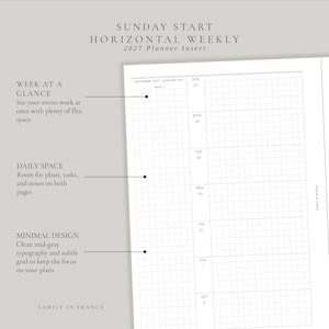 Puede incluir: Un inserto de planificador semanal horizontal 2027 que comienza en domingo con un diseño de cuadrícula. La página muestra los días de domingo a sábado con encabezados de fecha. El texto incluye SUNDAY START HORIZONTAL WEEKLY 2027 Planner Insert, WEEK AT A GLANCE, DAILY SPACE, MINIMAL DESIGN y FAMILY IN FRANCE.