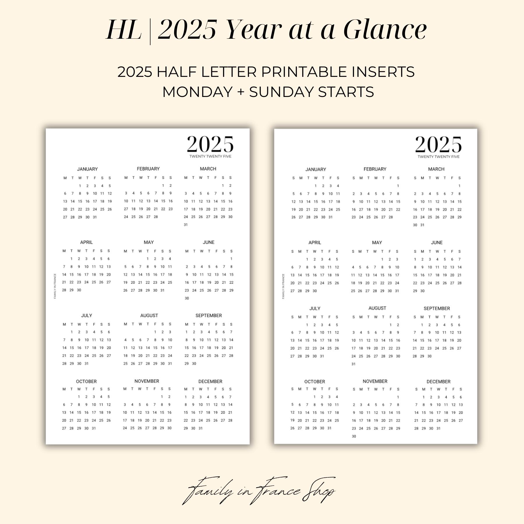 2025 Year at a Glance Planner Printable – Half Letter YO1P | Yearly Overview Dashboard | Monday + Sunday Start | Discbound & Ring Inserts