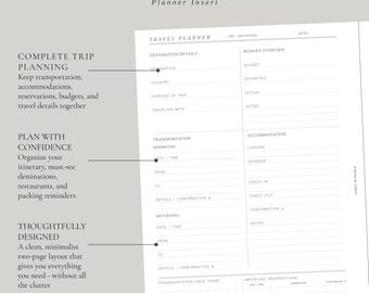 Inserto minimalista per agenda di viaggio / Organizzatore di vacanze / Formato A5 + Half Letter (Download digitale)