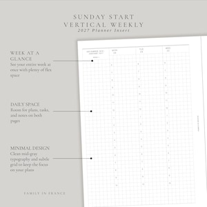 Puede incluir: Un inserto de planificador semanal vertical para 2027 que comienza en domingo con un diseño de cuadrícula. La página muestra columnas para lunes, martes y miércoles con franjas horarias de 6 a 22 horas. El texto incluye SUNDAY START VERTICAL WEEKLY 2027 PLANNER INSERT.