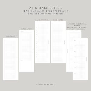 May include: A bundle of A5 and half letter undated planner inserts featuring white paper with black text and grid lines. The set includes layouts for a checklist, notes and next, daily timetable, grid notes, and an undated horizontal weekly planner.