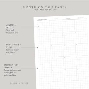May include: A 2026 planner insert featuring a month on two pages layout with a grid design. The page displays the text MONTH ON TWO PAGES, 2026 Planner Insert, JANUARY, and days of the week. It includes labels for MINIMAL DESIGN, FULL MONTH VIEW, and DEDICATED NOTES.